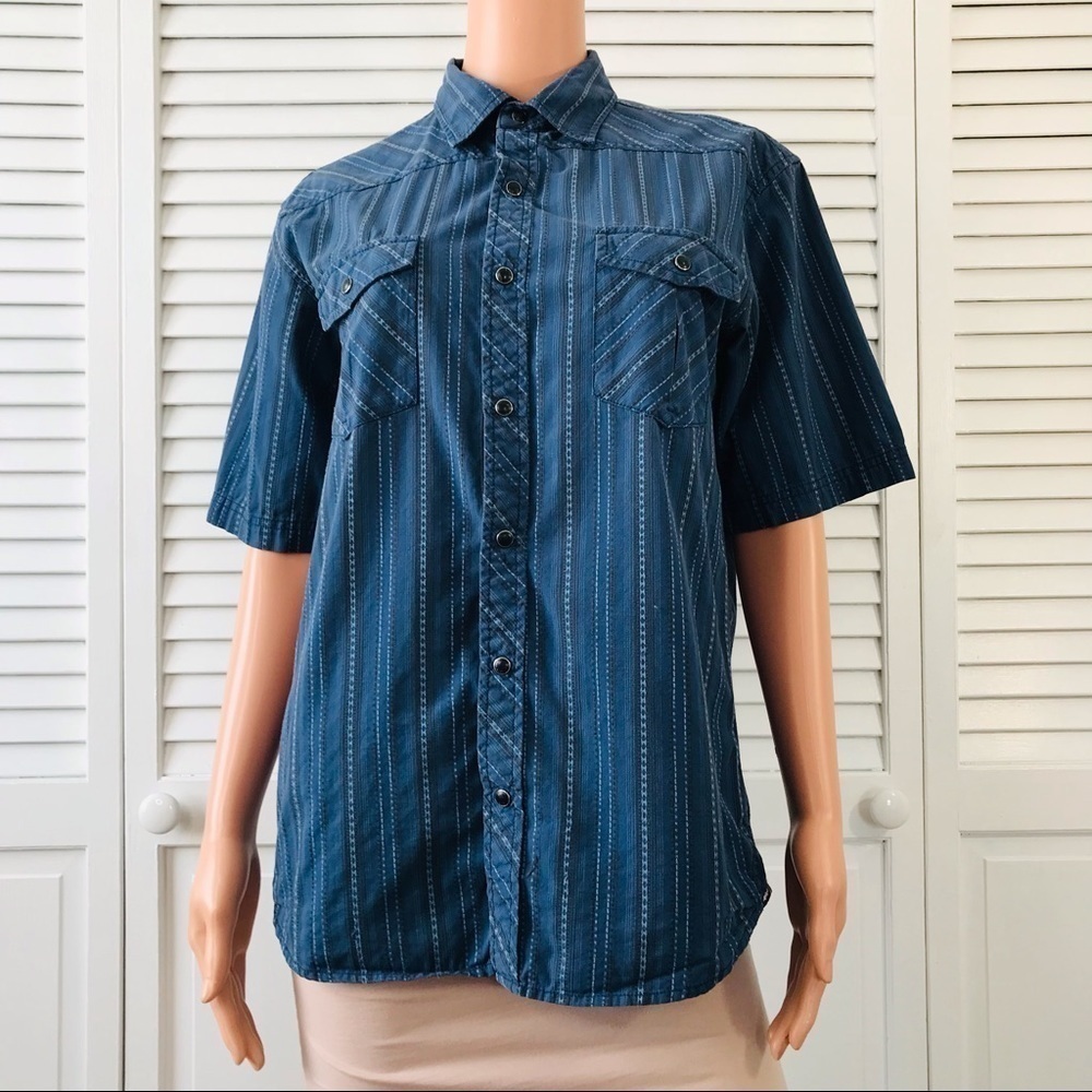 2/$25 REI Blue Short Sleeve Button Down Striped Shirt Size Small